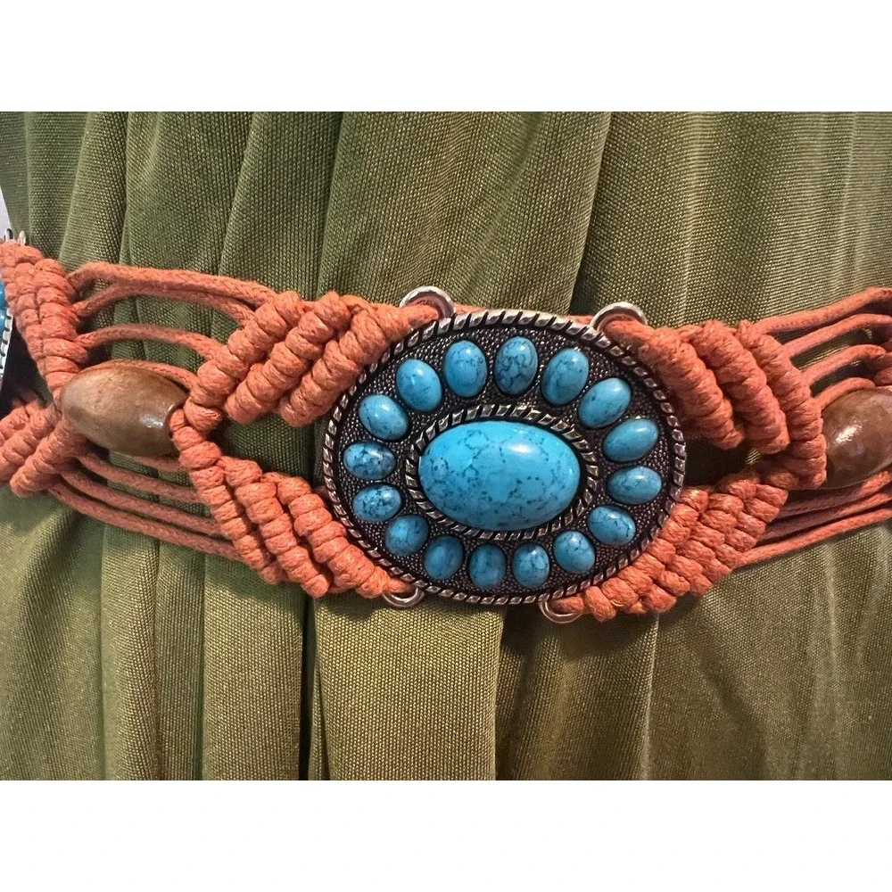 Macrame Braided Belt Terracotta Turquoise Southwestern Boho Up to 40
